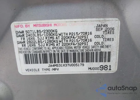2007 Mitsubishi Outlander Es/Ls z USA, uszkodzony, nr VIN JA4MS31X37U005179